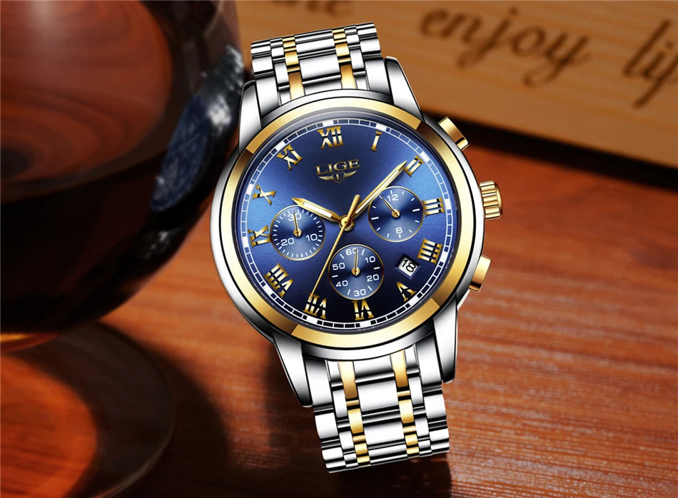 LIGE Fashion Luxury Quartz Watches for Men Business Waterproof Stainless Steel