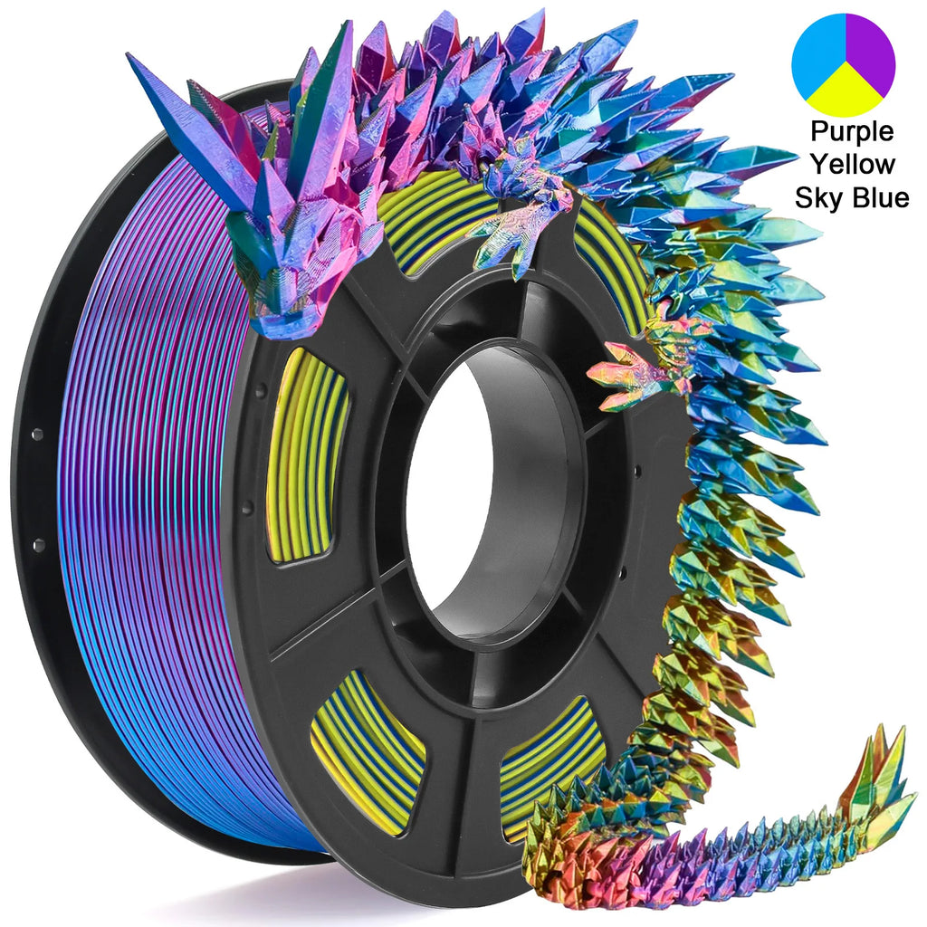 Tricolour Silk PLA 3D Printer Filament, 1.75mm Multicolour 3D Printing Filament, Purple & Sky Blue & Yellow Filament, 250g (0.55lbs)