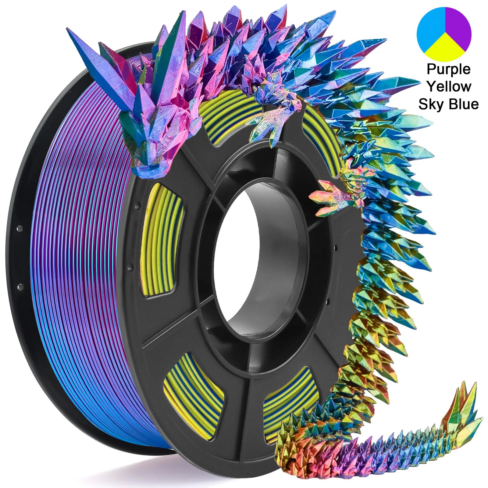 Tricolour Silk PLA 3D Printer Filament, 1.75mm Multicolour 3D Printing Filament, Purple & Sky Blue & Yellow Filament, 250g (0.55lbs)