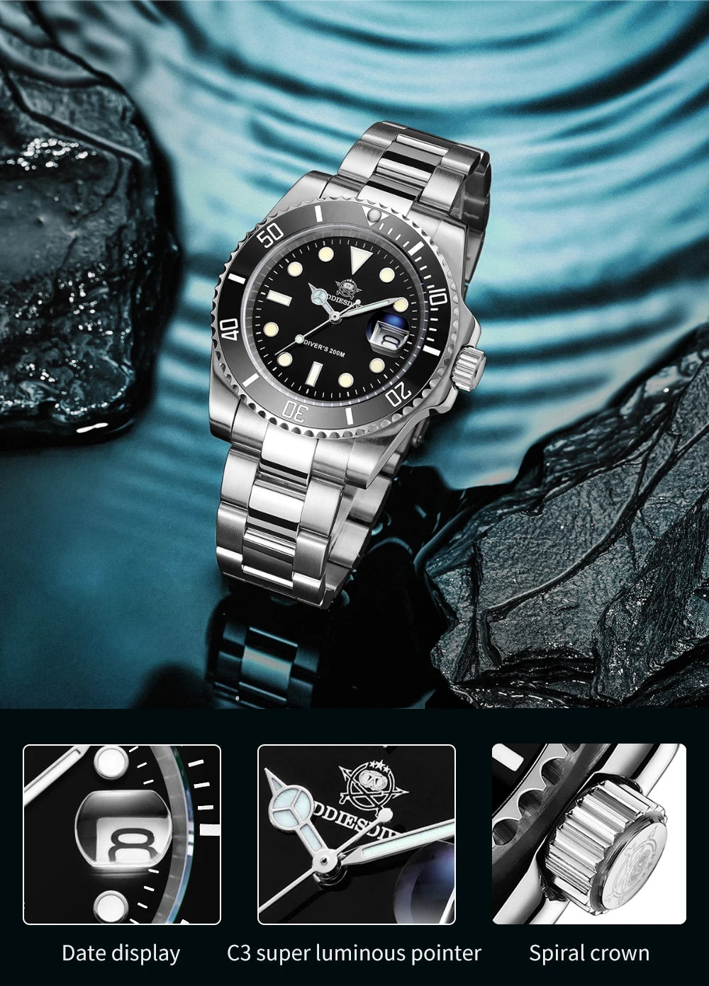ADDIESDIVE Stainless Steel Watch for Men Waterproof Outdoor Leisure Sports Watch