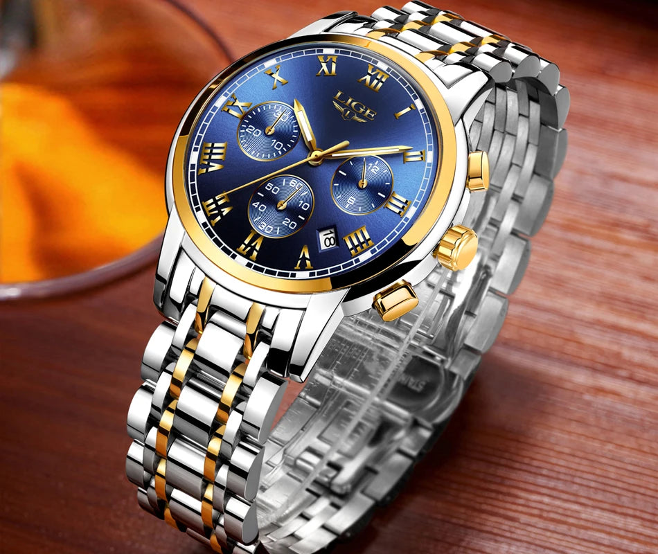 LIGE Fashion Luxury Quartz Watches for Men Business Waterproof Stainless Steel