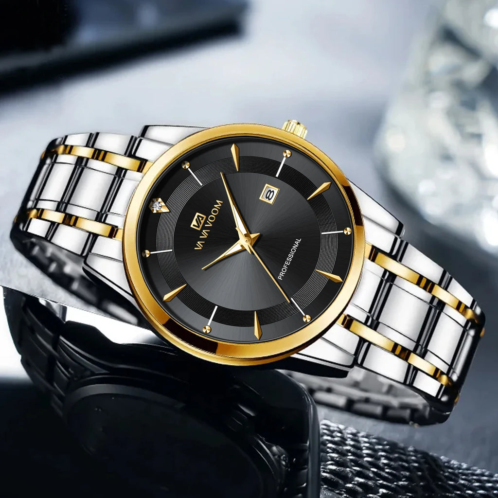 Luxury Rhinestone 43mm Blue Gold Quartz Stainless Steel for Men