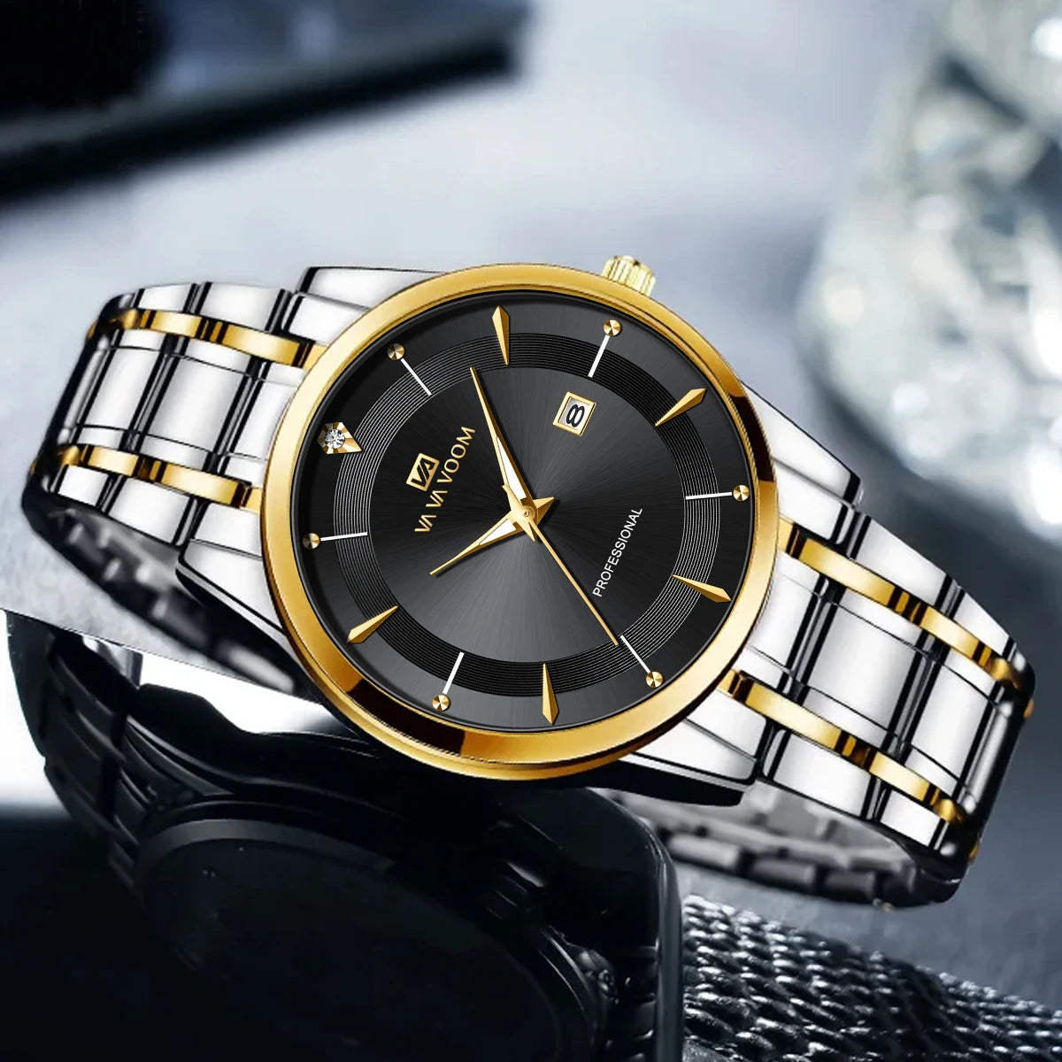 Luxury Rhinestone 43mm Blue Gold Quartz Stainless Steel for Men