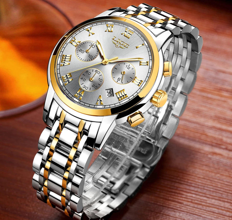LIGE Fashion Luxury Quartz Watches for Men Business Waterproof Stainless Steel