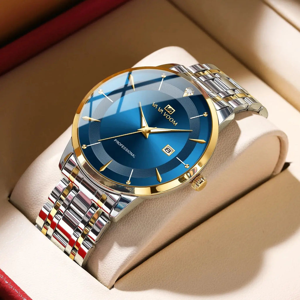Luxury Rhinestone 43mm Blue Gold Quartz Stainless Steel for Men