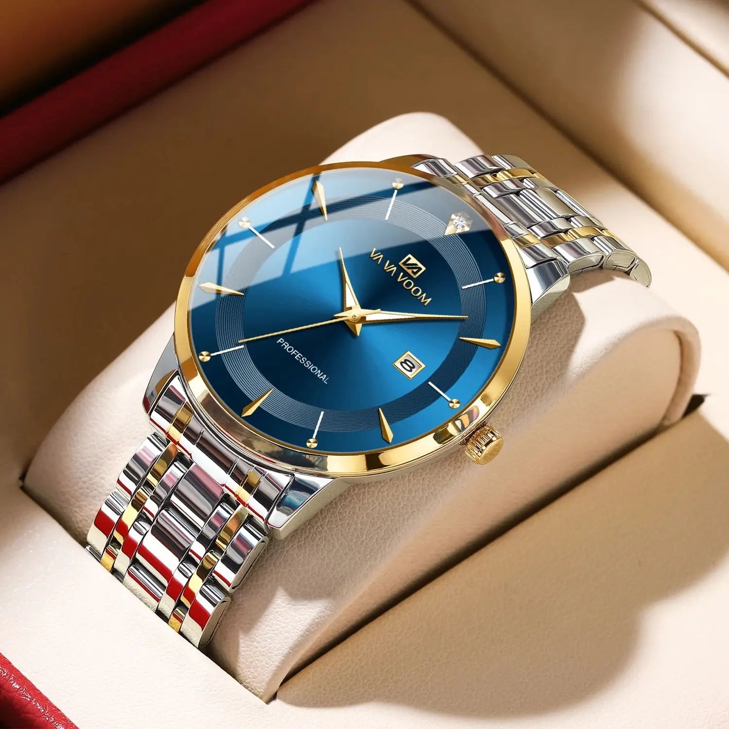 Luxury Rhinestone 43mm Blue Gold Quartz Stainless Steel for Men